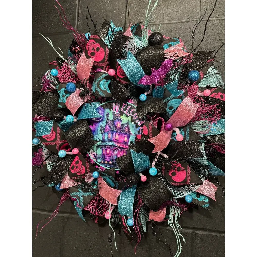 Halloween Wreath for Front Door Black and Pink Haunted House 30 inch